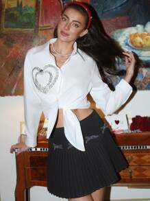 Aloruh Valentine's Day Heart Rhinestone Long Sleeve Blouse For Women - White - View 2