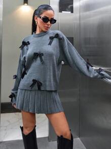 EURMUSE Set di 2 pezzi da donna, composto da maglione con dettaglio fiocco 3D e gonna plissettata, coordinato