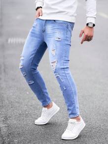 Manfinity Homme 男式破洞口袋简约休闲紧身牛仔裤 - 淺色水洗藍 - 查看 4