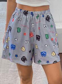 DAZY Pantalones cortos de pijama con estampado de cuadros y dibujos animados