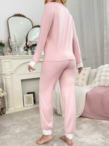 女士 2 件套休闲家居服套装：长袖拼色纽扣半襟上衣和裤子