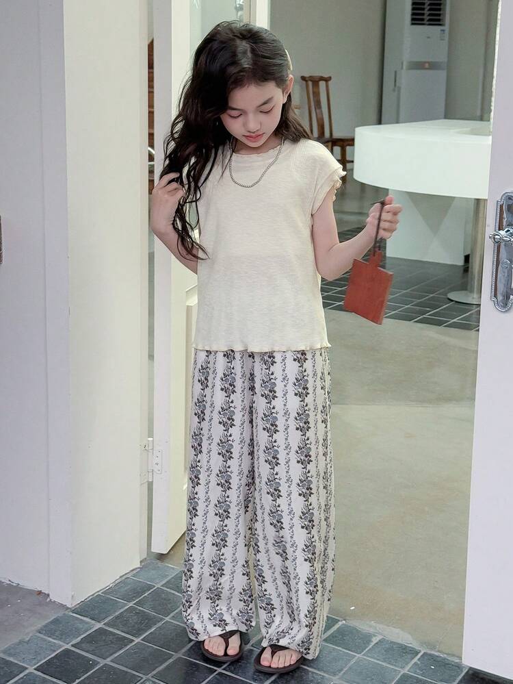 2pcs/Set Tween Girl Solid Color Top & All-Over Floral Print Pants Set,Girls Summer Outfits,Back To School Clothes