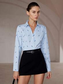 Aveloria Modichic Damen Klassisches gestreiftes Blümchen Kragen Langarm Hemd, Frühjahrs-Bekleidung