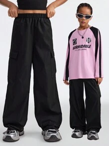 SHEIN Pantalones cargo negros lisos y cómodos para niñas preadolescentes en primavera/verano