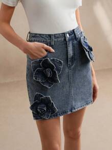 Anewsta Fashionable Floral Decorated Denim Skirt, Women Spring/Summer Outfits, Suitable For Valentine's Day