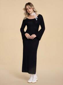 ROMWE Kawaii Pure Lace Backless Bowknot Decor Split Hem Sweater Dress - Black - View 5