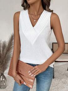 SHEIN LUNE Parte superior tipo tanque de mujer casual y suelta con cuello en V, de tela jacquard texturizada blanca, para primavera/verano