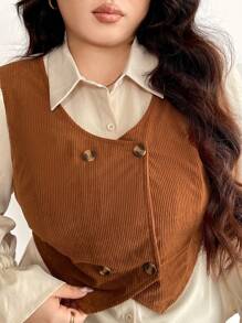 SHEIN Frenchy Plus Size Women Color Block Patchwork Fitted Cardigan, Retro College Style - Khaki - View 9