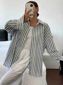 Livesso Áo sơ mi đồng phục học sinh nữ kẻ sọc rộng rãi, quần áo nữ mùa thu, áo dài tay - Xám - Xem 2