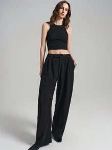 Ontre Women's 2025 New Spring Black Pleated Wide Leg Loose Casual Pants With Pockets - Black - View 1