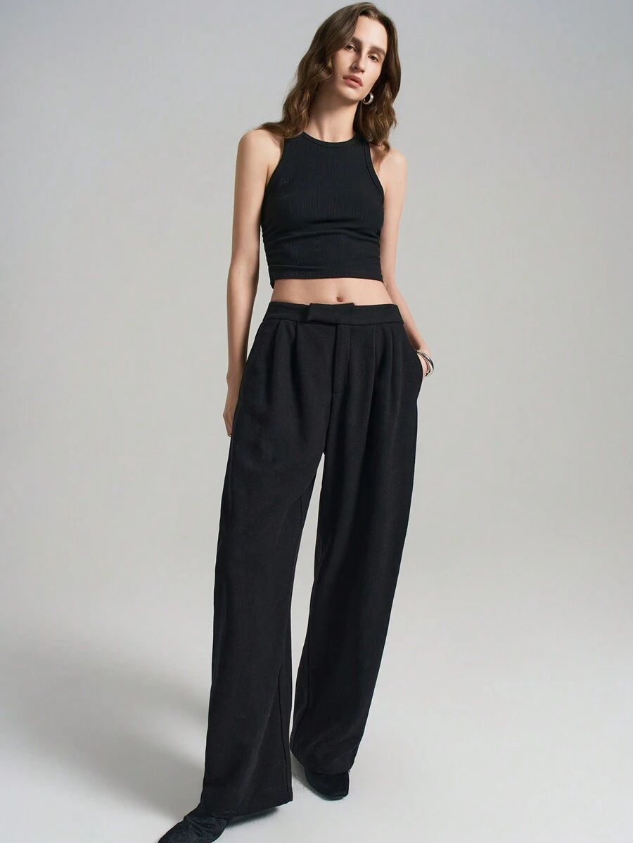 Ontre Women's 2025 New Spring Black Pleated Wide Leg Loose Casual Pants With Pockets - Black - View 1