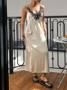 DAZY Satin Patchwork Contrast Color Lace Camisole Long Nightgown Pajama - Beige - View 3