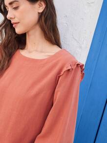 EMERY ROSE 女士圆领荷叶边下摆亚麻编织衬衫 - 鏽棕色 - 查看 3