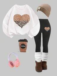 Young Girl Casual Leopard Print & Heart Design Long Sleeve Sweatshirt And Pants 2pcs Set, Cartoon Print