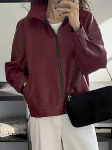 DAZY 宽松男友风立领拉链长袖机车夹克，秋季女装外套 - 酒紅色 - 查看 6