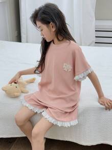 DAZY 2 件套青少年女孩圆领针织拼布短袖春夏装，返校服 - 粉色 - 查看 4