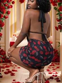 Slaydiva Summer Happy New Year New Sexy And Elegant Daily Date Party Valentine's Day Swing Collar Halter Neck Hollow Front Top + Hip Mini Skirt Cherry Black Floral Mesh Women's Two-Piece Set - Multicolor - View 2