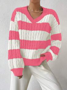 Calvaya Women's V-Neck Long Sleeve Striped Minimalist Pullover Sweater, Casual Everyday Wear