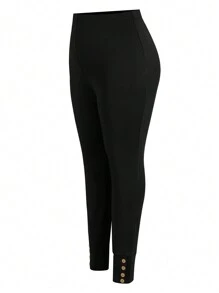 Mulvari Leggings slim fit de couleur unie grande taille, pour un usage casual quotidien - Noir - Voir 3