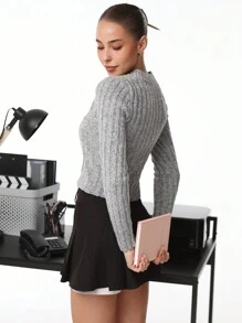 Aloruh Elegant Deep V-Neck Cable Knit Slim Fit Pullover Sweater, Solid Gray Long Sleeve - Grey - View 6