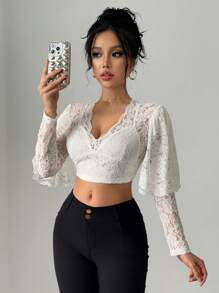 Calvaya Valentine's Day Elegant Solid Color Lace 2 In 1 Short T-Shirt