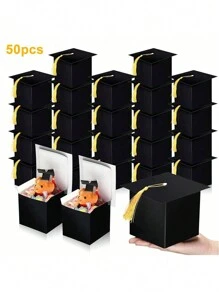 10/20/30/50pcs, Graduation Hat Candy Gift Box, Graduation Ceremony Party Sweet Cookie Chocolate Gift Box, Graduation Table Decorations With Gold Tassels, New Year Decor Valentine's Day, Valentines Wedding, Birthday - Black - View 12