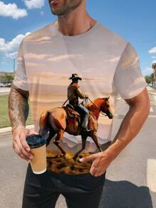 Manfinity LEGND Plus Size Heren Western Cowboy Print Korte Mouw T-shirt, Casual