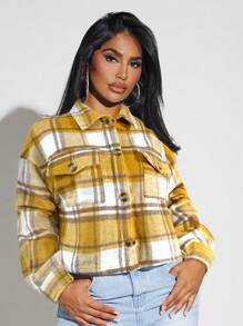 SHEIN SXY Enkelknäppt rutig ulljacka för kvinnor med fickor - Gul - Visa 6