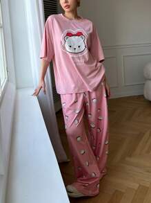 DAZY 2pcs Women Cartoon Print Loose Comfortable Pajama Set - Pink - View 1