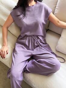 DAZY 2 件套柔软纯色宽松舒适女士睡衣套装 - 紫色 - 查看 1