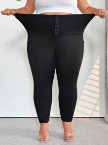 SHEIN CURVE+ Leginsy z dzianiny z wysokim stanem i dużym rozmiarem, eleganckie sportowe, codzienne rajstopy damskie z guzikami z przodu, jesień/zima