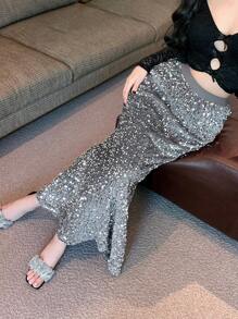 DAZY Back To School Ladies Sequin Decorated Party Skirt Prom Skirt,Fall Women Clothes