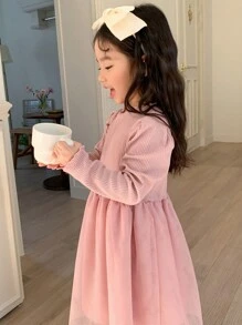 DAZY Váy dài tay họa tiết lưới chắp vá cho bé gái mùa thu đông - Hồng - Xem 7