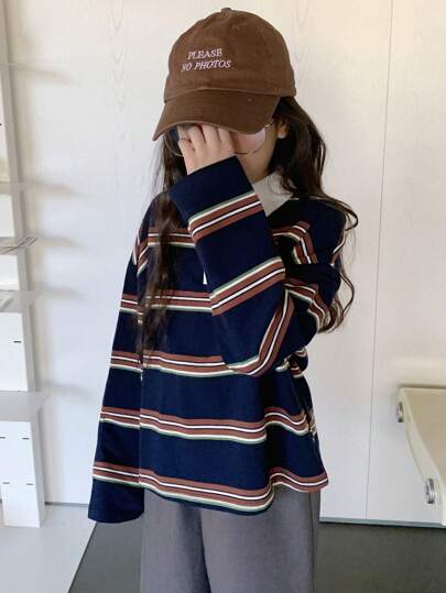 Dazy Kids 青少年女孩翻领拼色条纹长袖 T 恤，春季，返校服