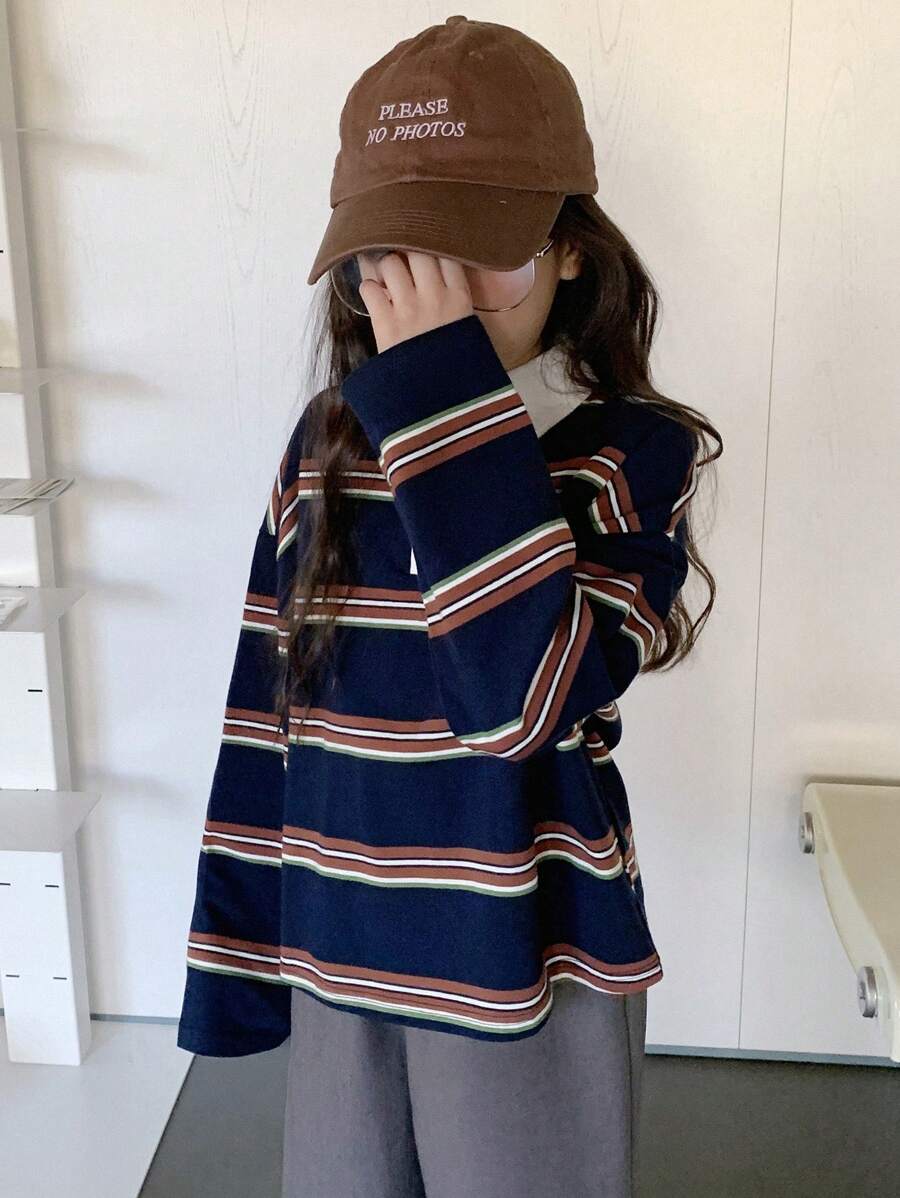 Dazy Kids Tween Girl Turndown Collar Color Block Striped Long Sleeve T-Shirt, Spring,Back To School Clothes - Navy Blue - View 1