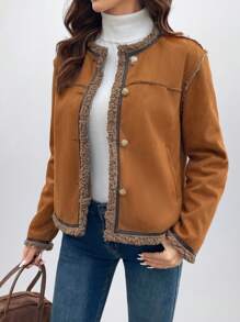 SHEIN LUNE Casual Deer Plush Faux Fur Thick Contrast Color Snap Button Decor Women Faux Leather Jacket