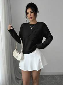 Elenzga Women's Crew Neck Floral Pattern Solid Color Pullover Sweater - Black - View 4