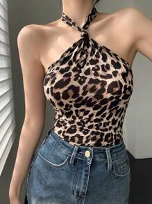 DAZY New Summer Spring Style First Date Slim Leopard Print Halter Top For Women