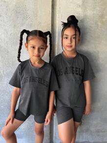 Matching Sister Look Girls Casual All-Match Versatile Sports Streetwear Washed Contrast Ribbed Raglan Tee + Leggings Shorts Set