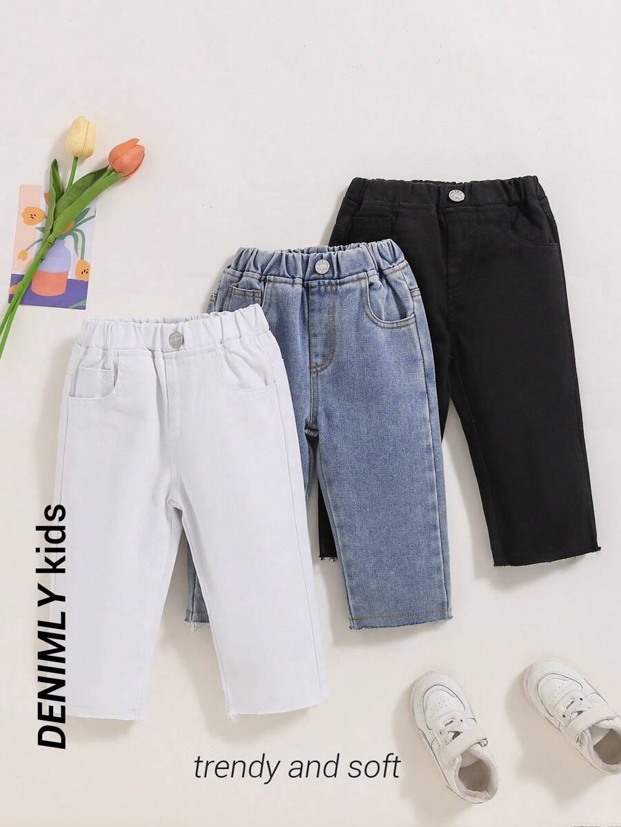 Set de 3 jeans rectos de mezclilla suave y cómoda con efecto desgastado, aptos para niñas pequeñas en primavera y otoño