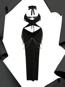 2pc Plus Size Lingerie Cosplay Sexy Alluring Lace Patchwork Chain Decor - Black - View 7