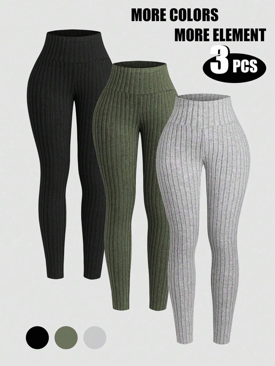 INAWLY Set Legging Wanita Polos Bergaris untuk Musim Gugur - MultiWarna - View 1