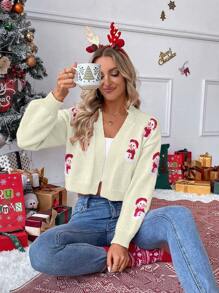 SHEIN Unity Christmas Atmosphere Vintage Fluffy 3D Snowman Graphic Casual Loose Short Sweater Coat, Autumn/Winter Fall Cloth For Women - Beige - View 3