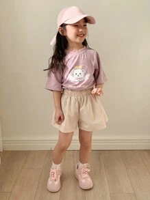 DAZY 2pcs Young Girl Round Neck Short Sleeve Printed Simple Top And Shorts Set,Girls Summer Outfits - Purple - View 4