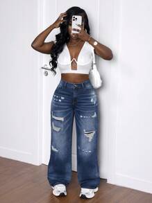 SHEIN Slayr Women Casual Distressed Straight Leg Jeans - Blue - View 5