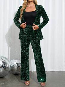 SHEIN Clasi Sequins Jacket And Pants Set For Women, Suitable For Party Wear - Dark Green - View 7