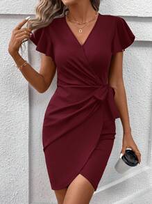 SHEIN Clasi 女士纯色 V 领简约时尚休闲日常连衣裙 - 酒紅色 - 查看 4