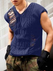 Manfinity Roughcore Men's Fashionable Solid Color Distressed Sweater Vest - Navy Blue - View 4