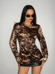 SHEIN ICON 修身豹纹长袖衬衫，腰部有褶饰设计 - 棕色 - 查看 5