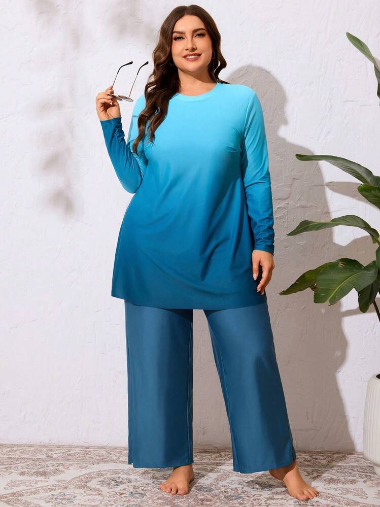 Swim Mulvari 2pcs Plus Size Women's Ombre Color Block Print Long Sleeve Round Neck Loose Modest Burkini Swimsuit Set, Casual Resort Wear SummerArabic Clothing - Blue - View 3